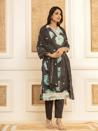 Black Floral Print Cotton Straight Side Slits Kurta And Trouser With Dupatta Set