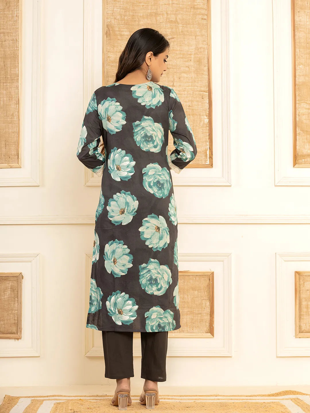 Black Floral Print Cotton Straight Side Slits Kurta And Trouser With Dupatta Set