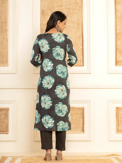 Black Floral Print Cotton Straight Side Slits Kurta And Trouser With Dupatta Set