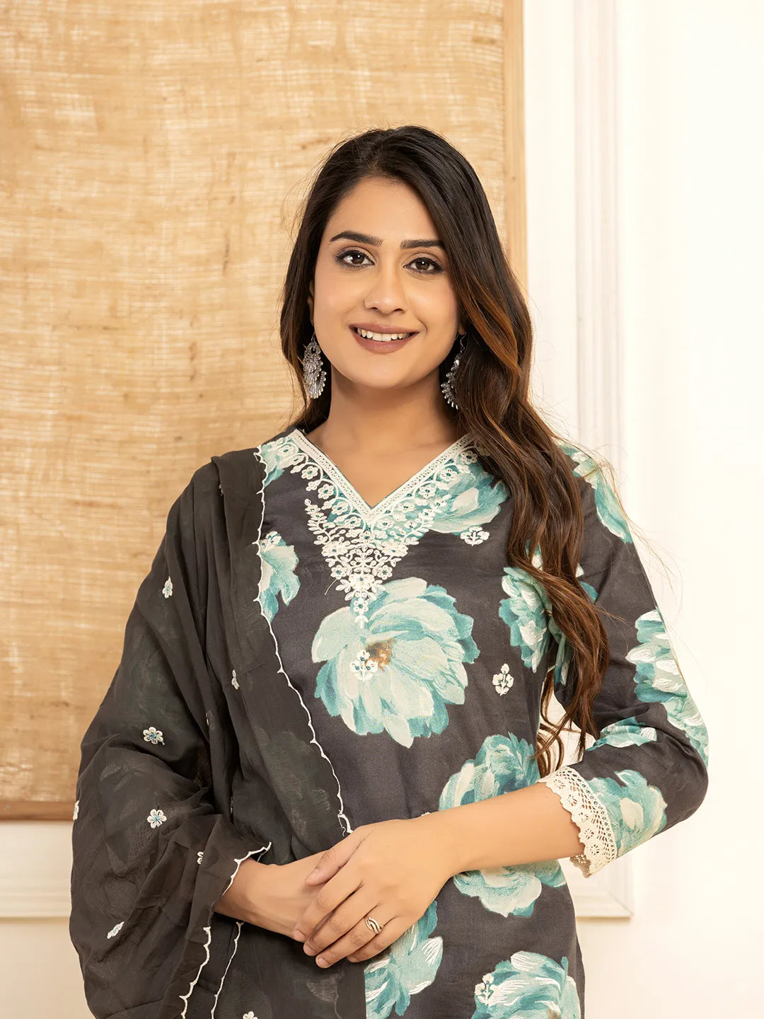 Black Floral Print Cotton Straight Side Slits Kurta And Trouser With Dupatta Set