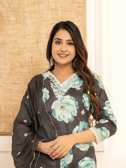 Black Floral Print Cotton Straight Side Slits Kurta And Trouser With Dupatta Set
