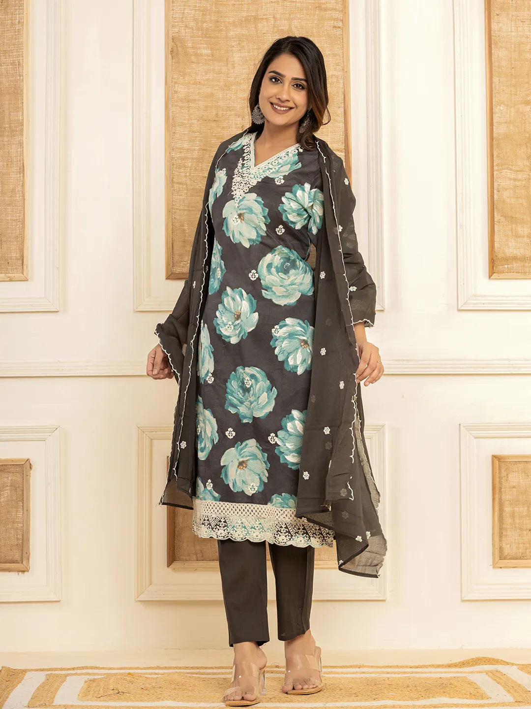 Black Floral Print Cotton Straight Side Slits Kurta And Trouser With Dupatta Set