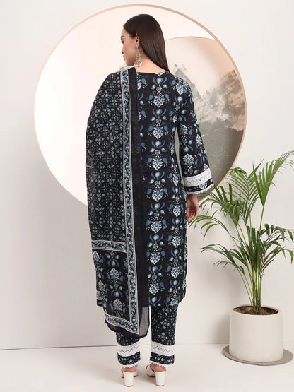 Black Floral Print Pakistani Style Kurta Trouser And Dupatta Set