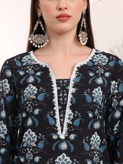 Black Floral Print Pakistani Style Kurta Trouser And Dupatta Set