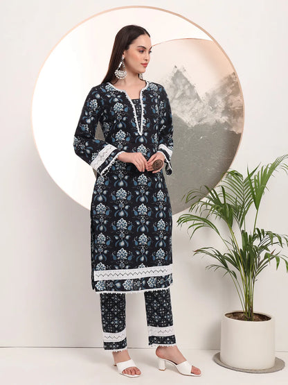 Black Floral Print Pakistani Style Kurta Trouser And Dupatta Set