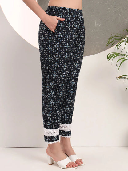 Black Floral Print Pakistani Style Kurta Trouser And Dupatta Set