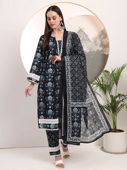 Women's Black Cotton Black Floral Print Pakistani Style Kurta Trouser And Dupatta Set by Yufta, suitable for wholesale buyers, boutiques, retailers, resellers and bulk fashion orders from Trendphoria