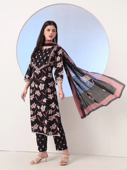 Black Floral Print Straight Thread Work Kurta And Trouser With Dupatta Set
