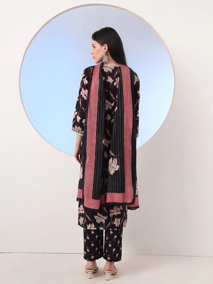 Black Floral Print Straight Thread Work Kurta And Trouser With Dupatta Set