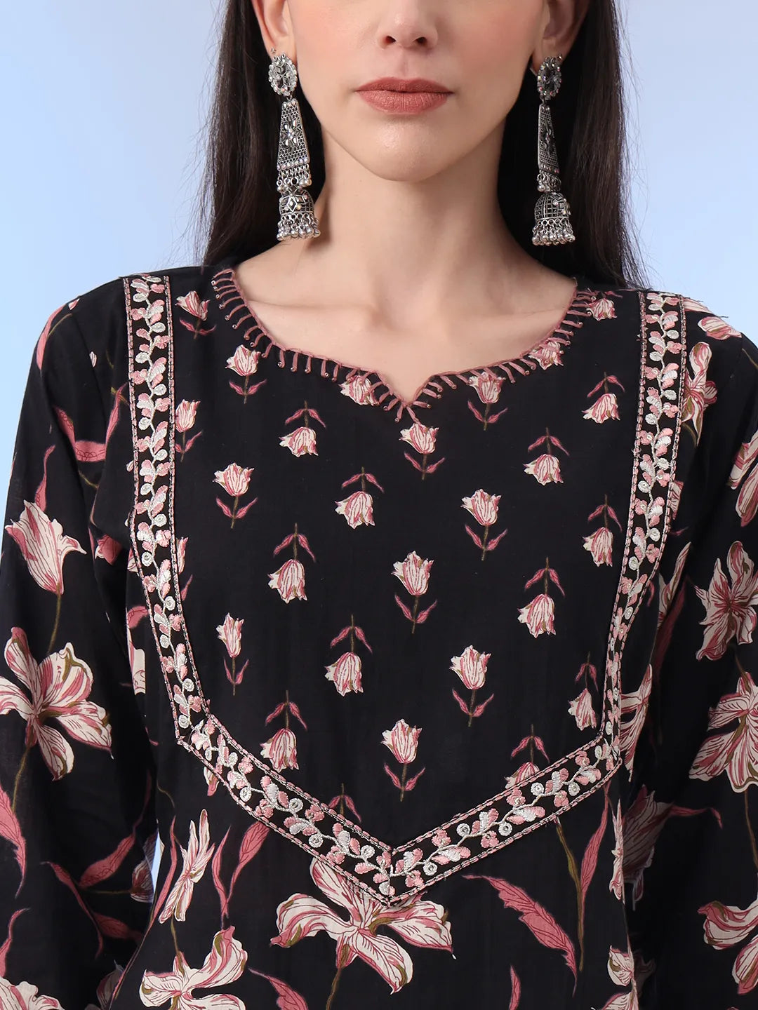 Black Floral Print Straight Thread Work Kurta And Trouser With Dupatta Set