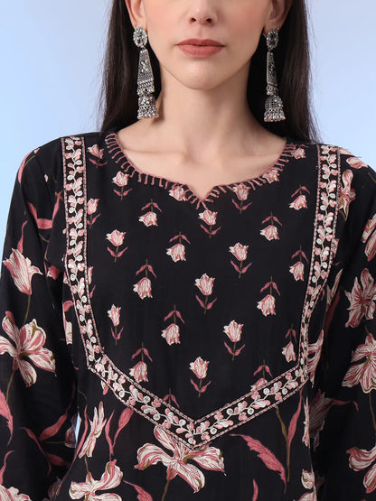 Black Floral Print Straight Thread Work Kurta And Trouser With Dupatta Set