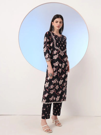 Black Floral Print Straight Thread Work Kurta And Trouser With Dupatta Set