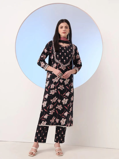 Black Floral Print Straight Thread Work Kurta And Trouser With Dupatta Set