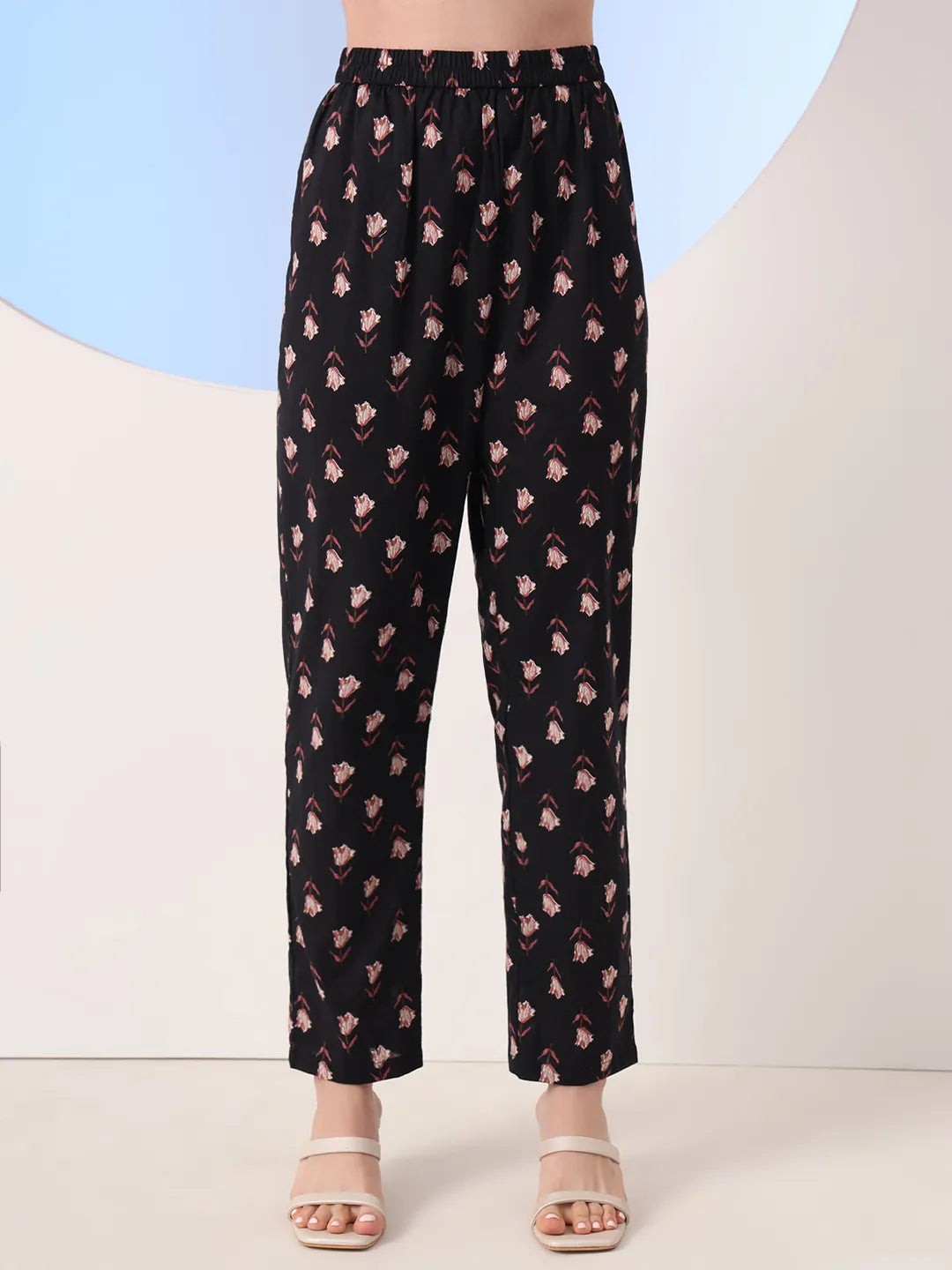 Black Floral Print Straight Thread Work Kurta And Trouser With Dupatta Set