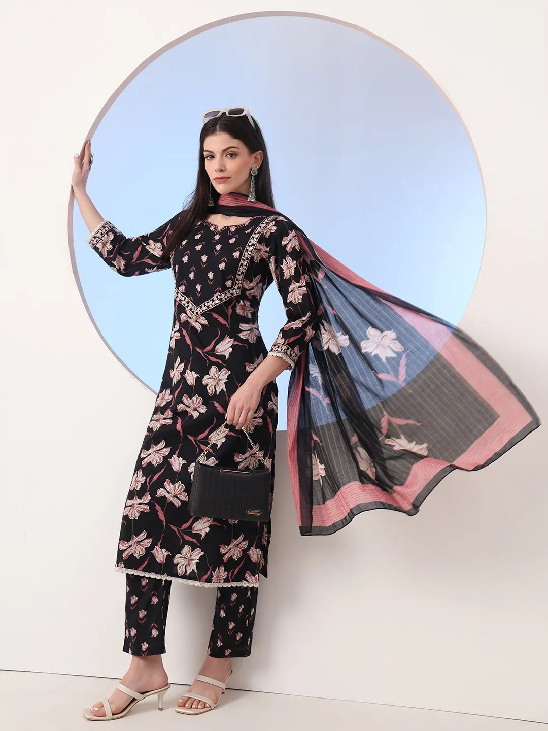 Women's Black Cotton Black Floral Print Straight Thread Work Kurta And Trouser With Dupatta Set by Yufta, suitable for wholesale buyers, boutiques, retailers, resellers and bulk fashion orders from Trendphoria