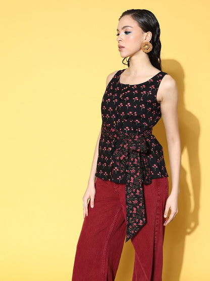 Black Floral Print Top