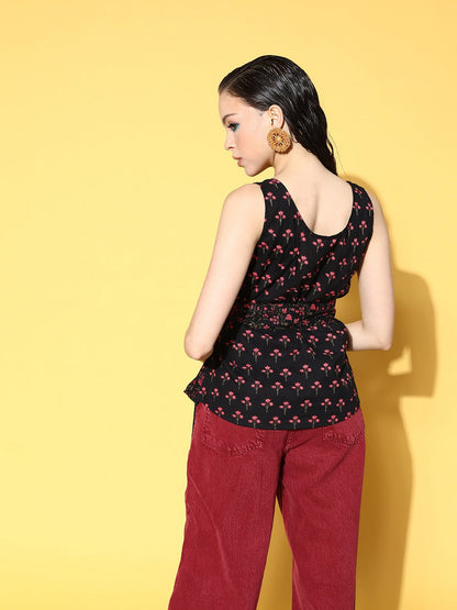 Black Floral Print Top