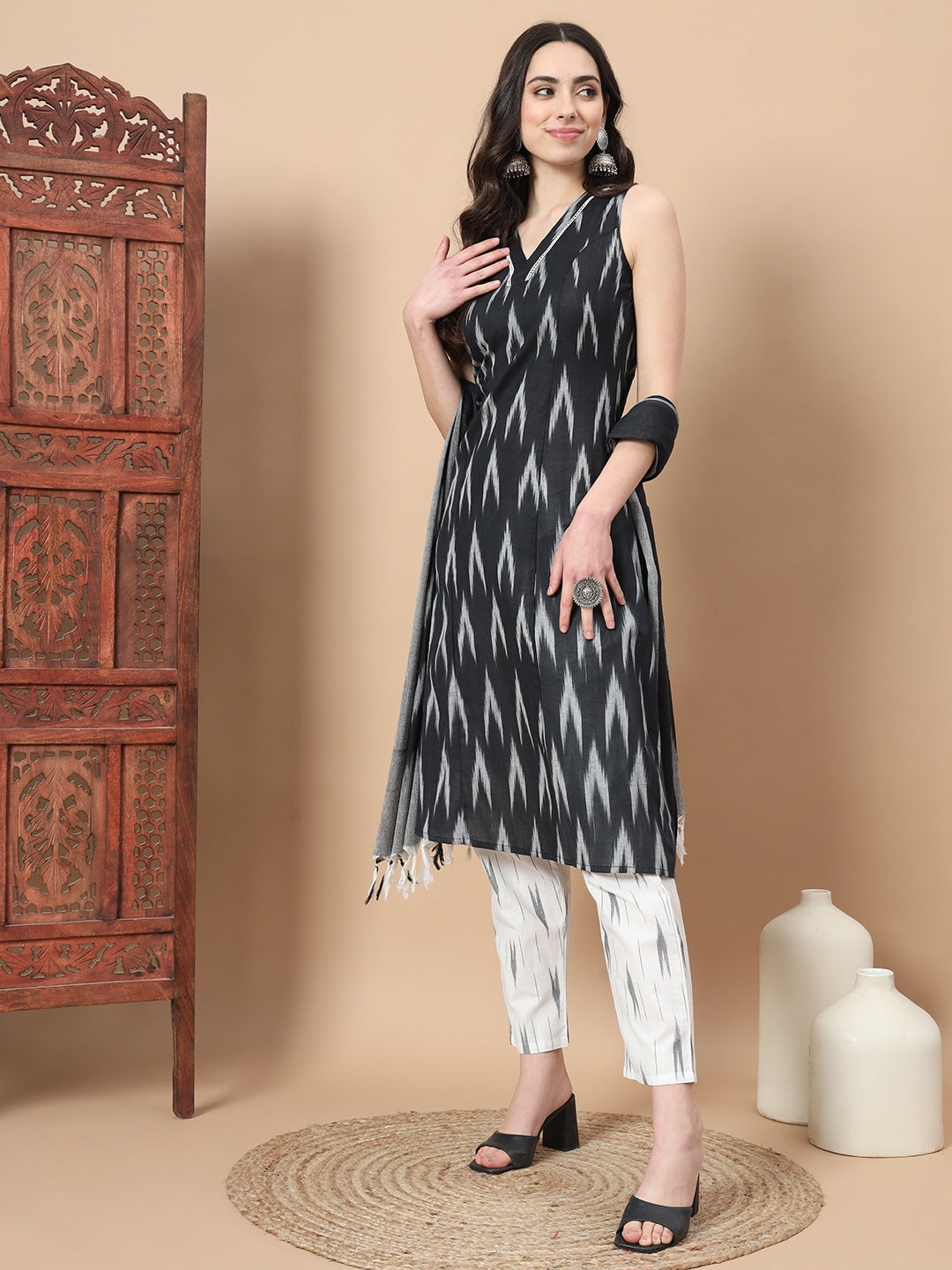 Black Ikat Print A Line Kurta Pant And Dupatta Set