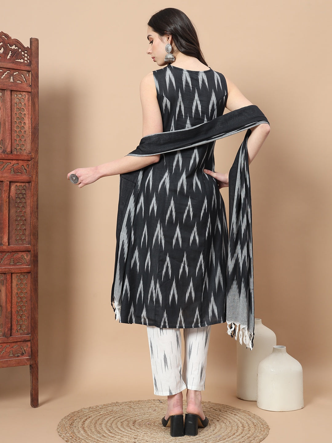 Black Ikat Print A Line Kurta Pant And Dupatta Set