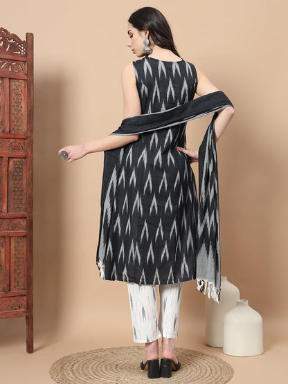 Black Ikat Print A Line Kurta Pant And Dupatta Set