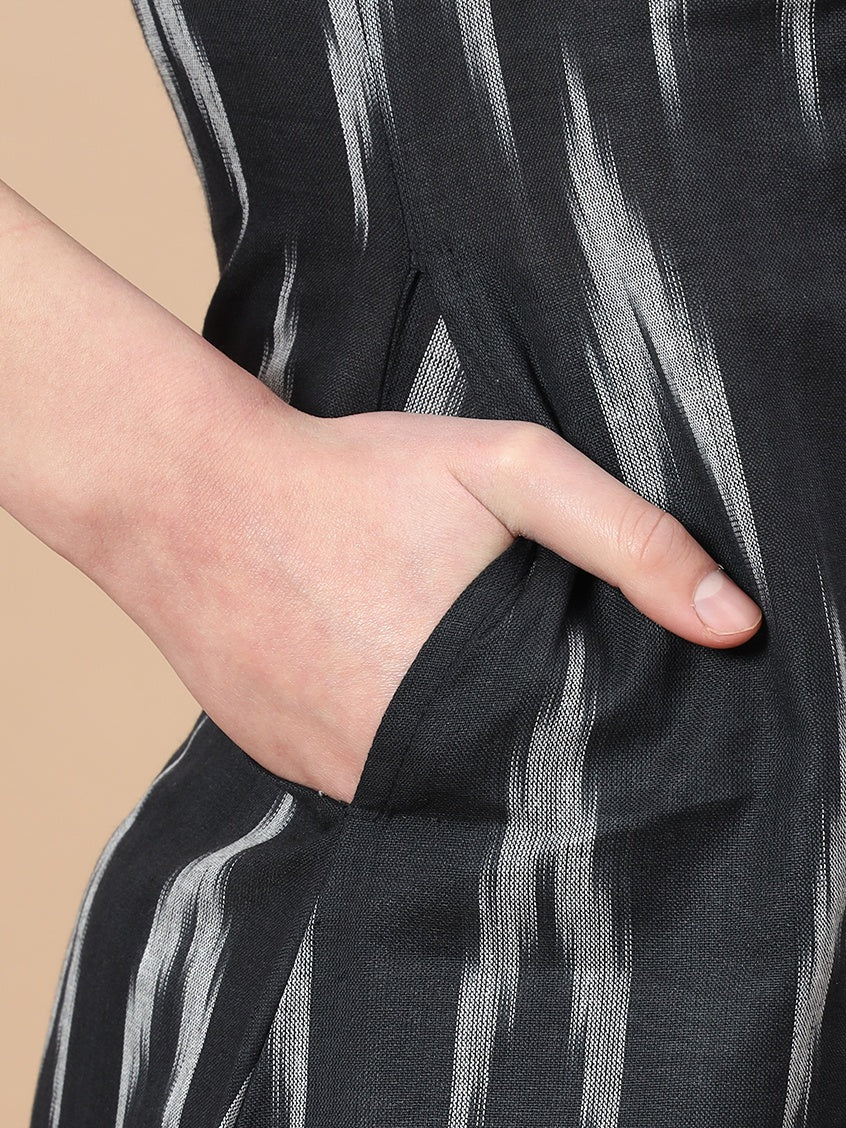 Black Ikat Print A Line Kurta Pant And Dupatta Set