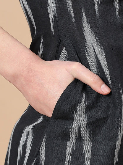 Black Ikat Print A Line Kurta Pant And Dupatta Set