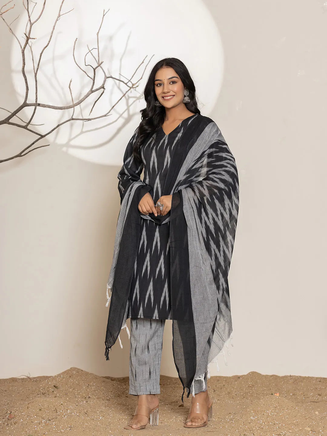 Black Ikat Print Cotton Straight Kurta Dupatta Set