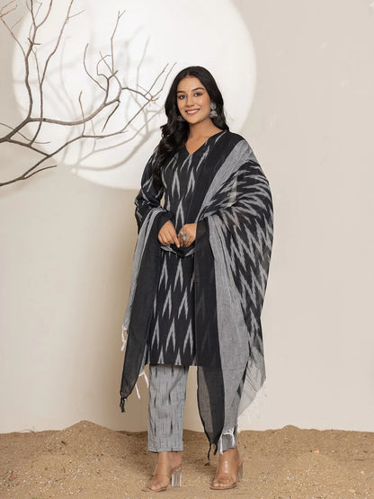 Black Ikat Print Cotton Straight Kurta Dupatta Set