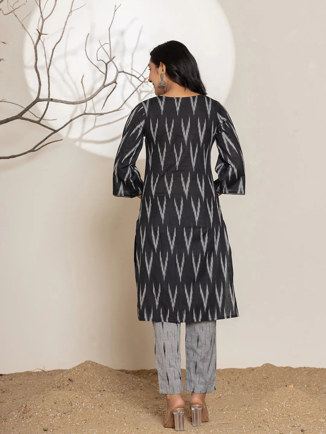Black Ikat Print Cotton Straight Kurta Dupatta Set