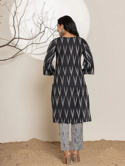 Black Ikat Print Cotton Straight Kurta Dupatta Set