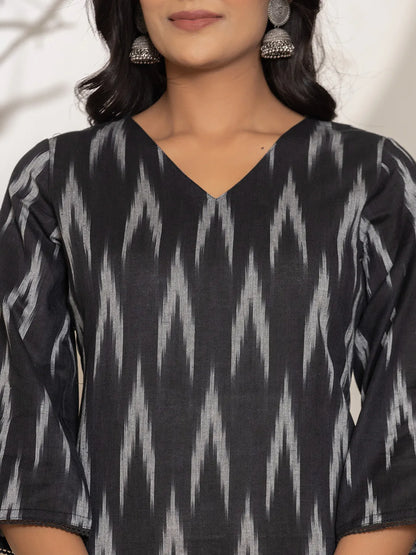 Black Ikat Print Cotton Straight Kurta Dupatta Set