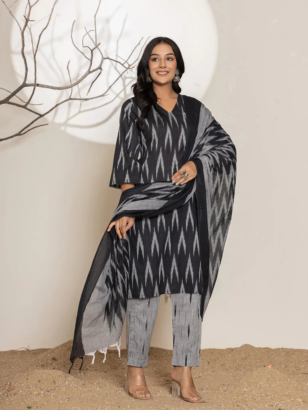 Black Ikat Print Cotton Straight Kurta Dupatta Set