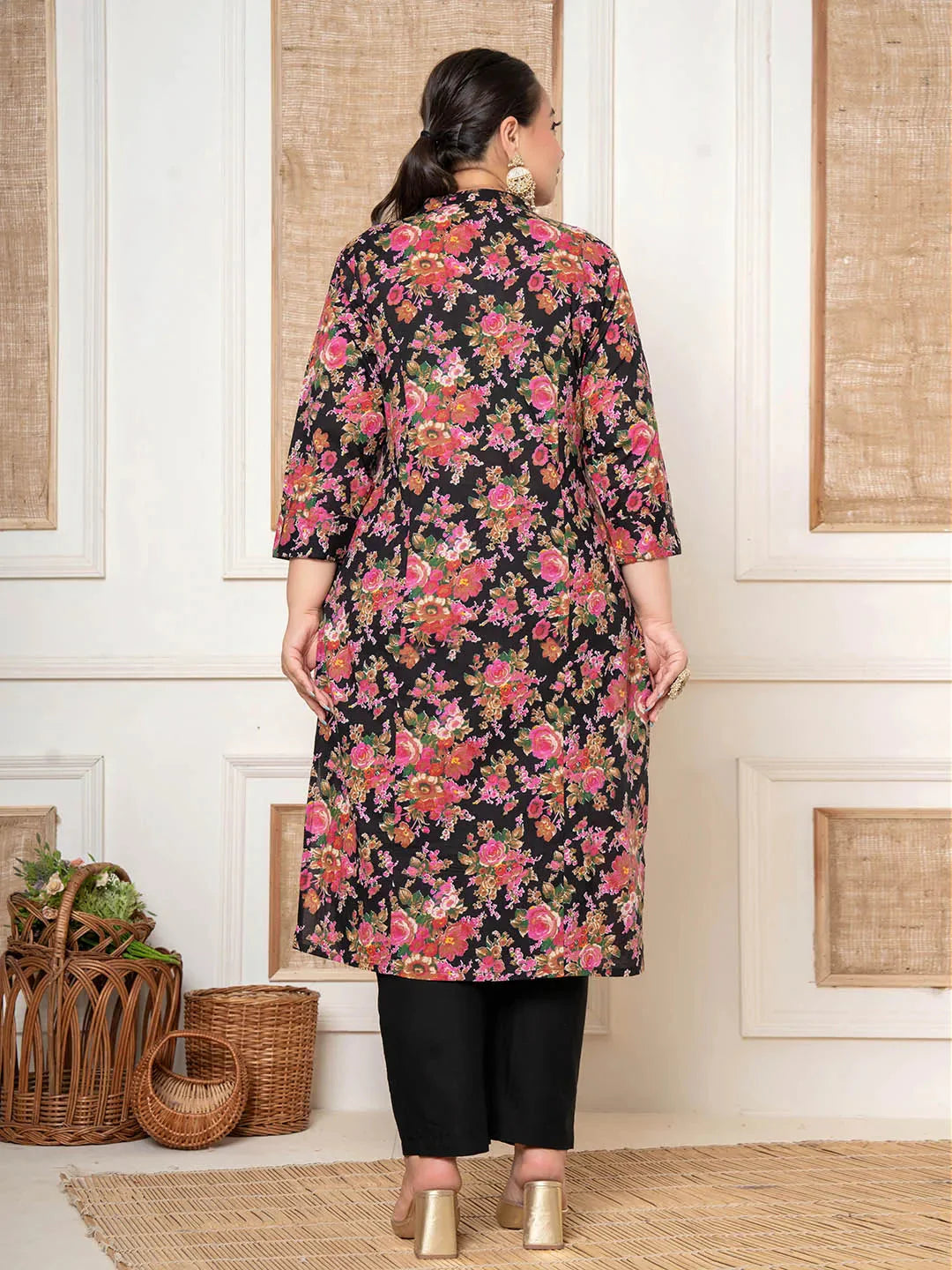 Black Kantha Work Plus Size Kurta Set With Pant