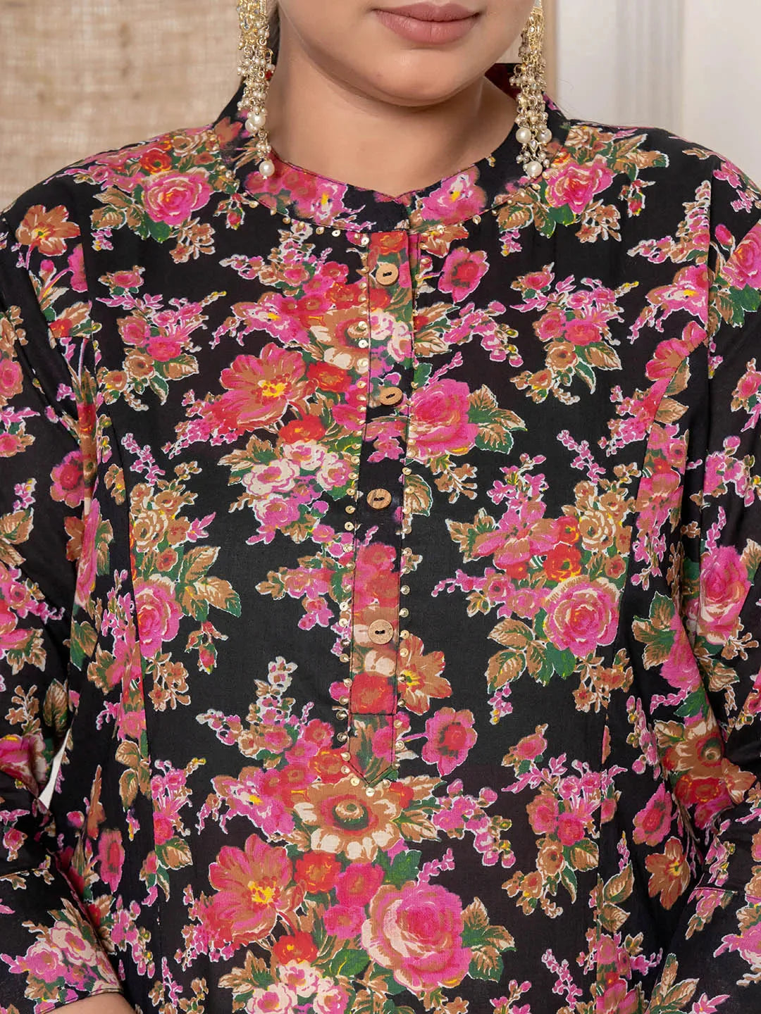 Black Kantha Work Plus Size Kurta Set With Pant