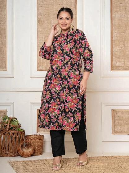 Black Kantha Work Plus Size Kurta Set With Pant