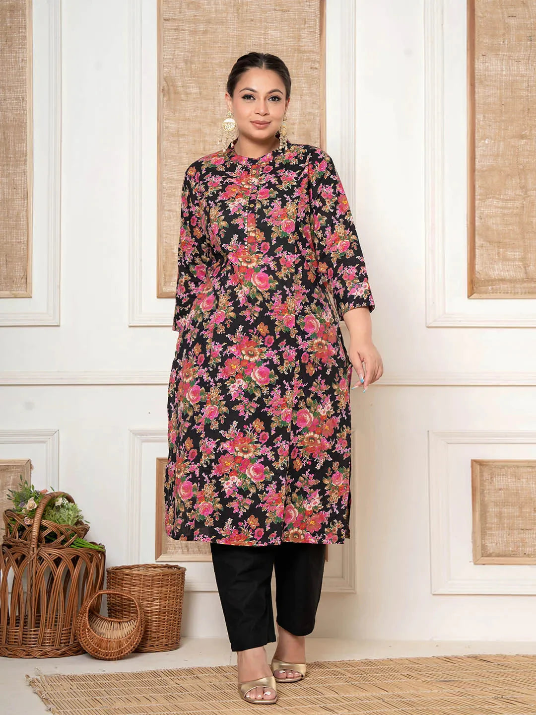 Black Kantha Work Plus Size Kurta Set With Pant
