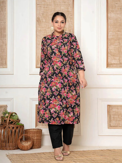 Black Kantha Work Plus Size Kurta Set With Pant