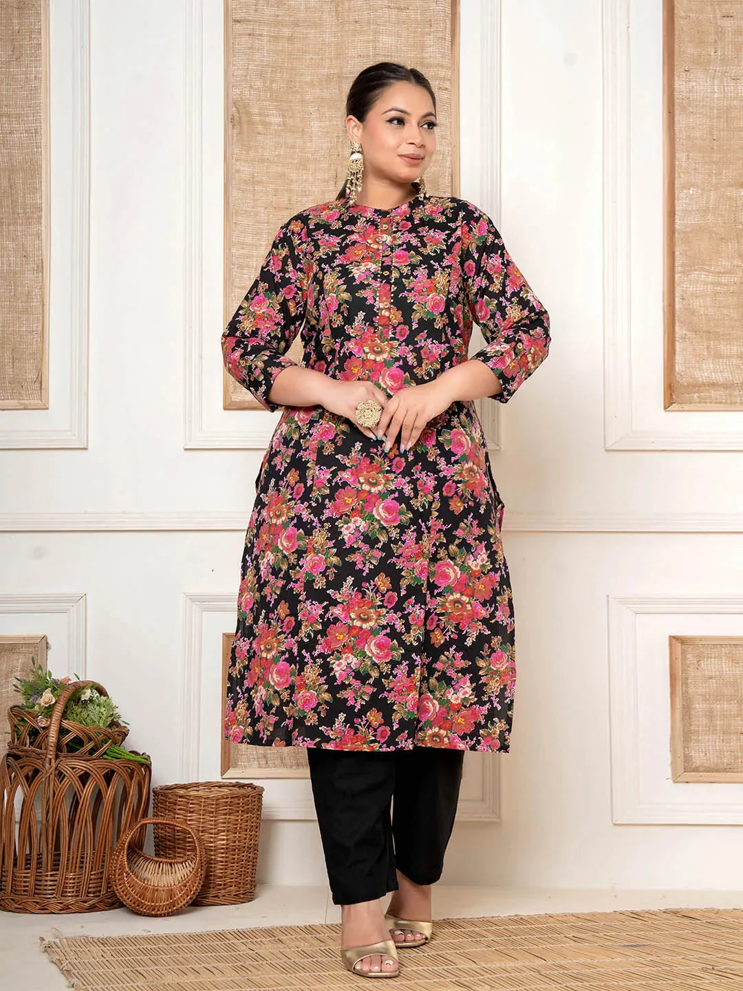 Women's Black Cotton Black Kantha Work Plus Size Kurta Set With Pant by Yufta, suitable for wholesale buyers, boutiques, retailers, resellers and bulk fashion orders from Trendphoria