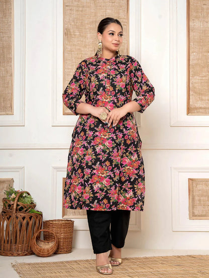 Women's Black Cotton Black Kantha Work Plus Size Kurta Set With Pant by Yufta, suitable for wholesale buyers, boutiques, retailers, resellers and bulk fashion orders from Trendphoria