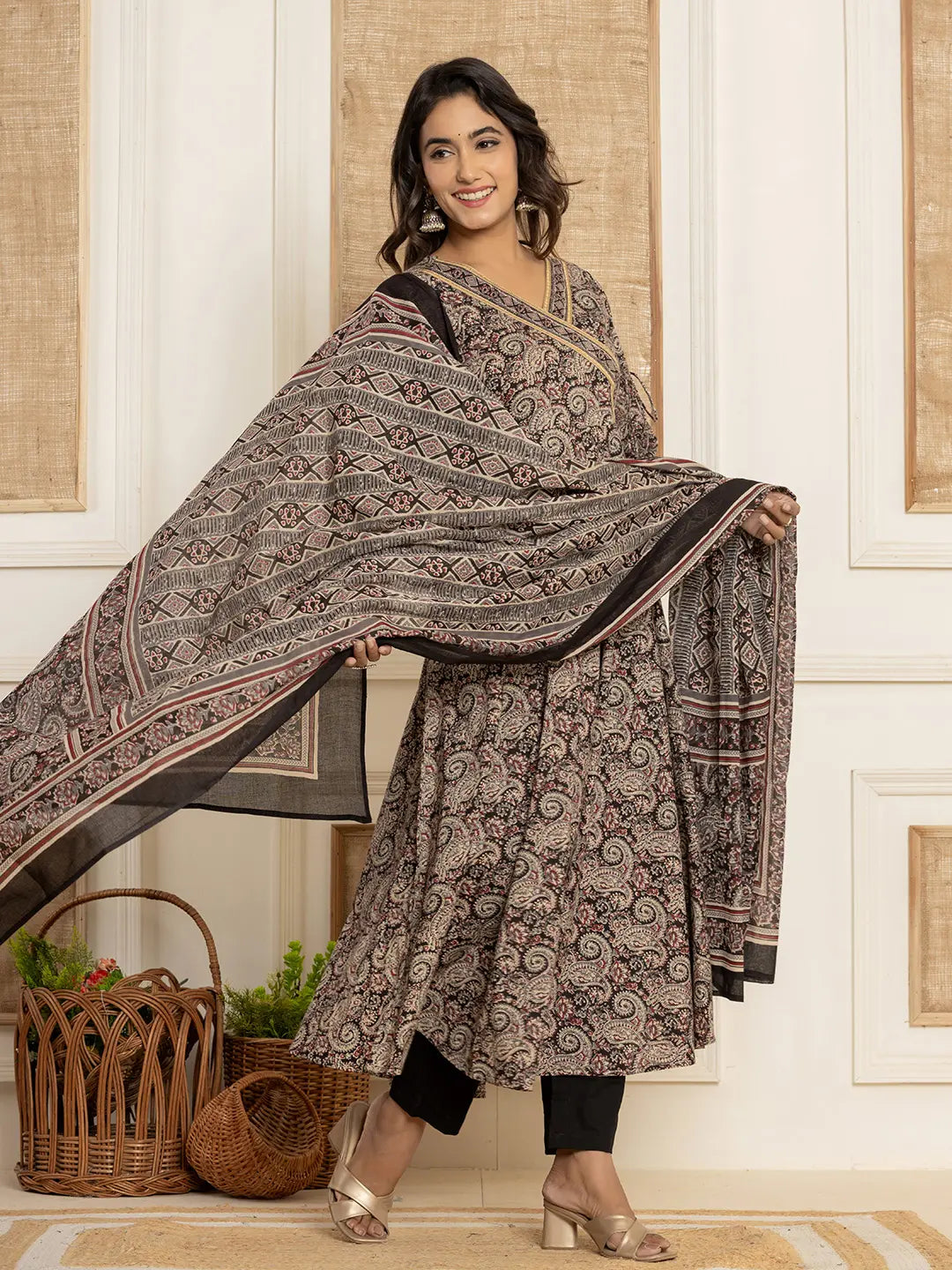 Black Paisley Print Anarkali Style Kurta And Trousers With Dupatta Set