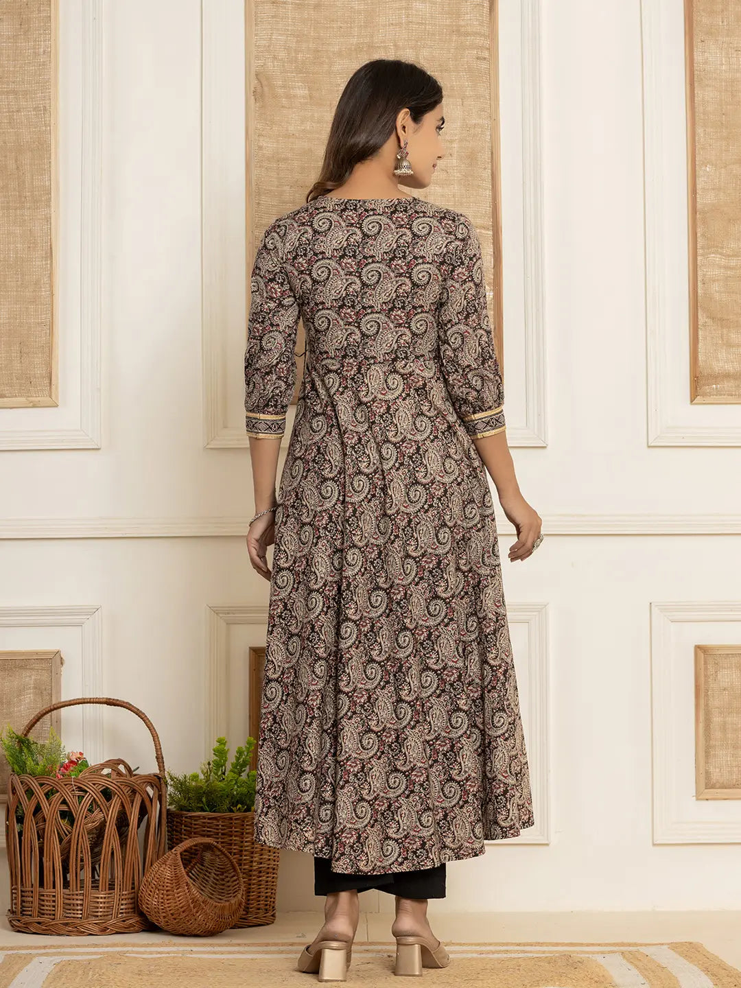 Black Paisley Print Anarkali Style Kurta And Trousers With Dupatta Set