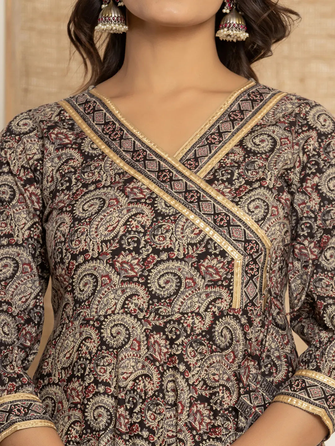 Black Paisley Print Anarkali Style Kurta And Trousers With Dupatta Set