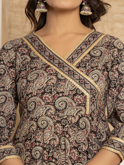 Black Paisley Print Anarkali Style Kurta And Trousers With Dupatta Set