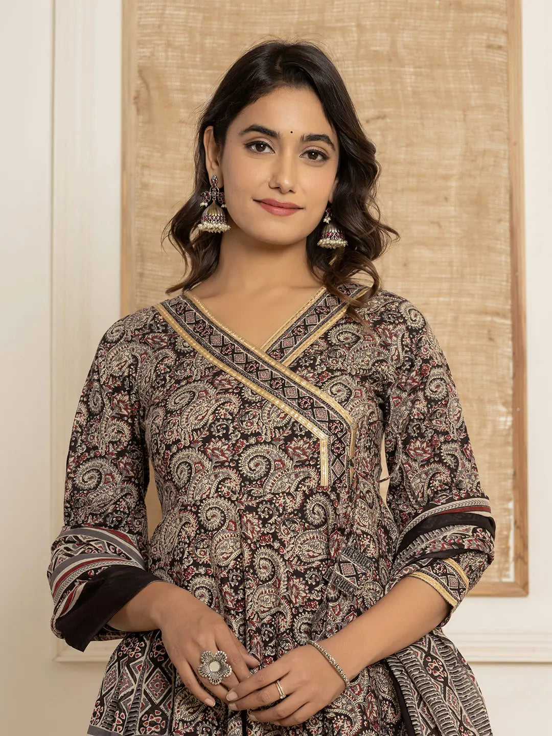 Black Paisley Print Anarkali Style Kurta And Trousers With Dupatta Set