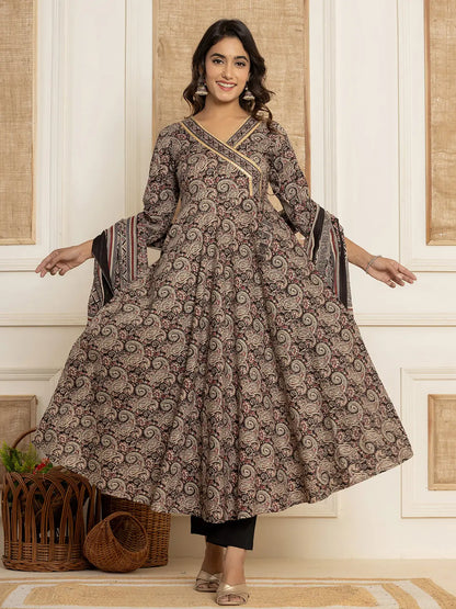 Black Paisley Print Anarkali Style Kurta And Trousers With Dupatta Set