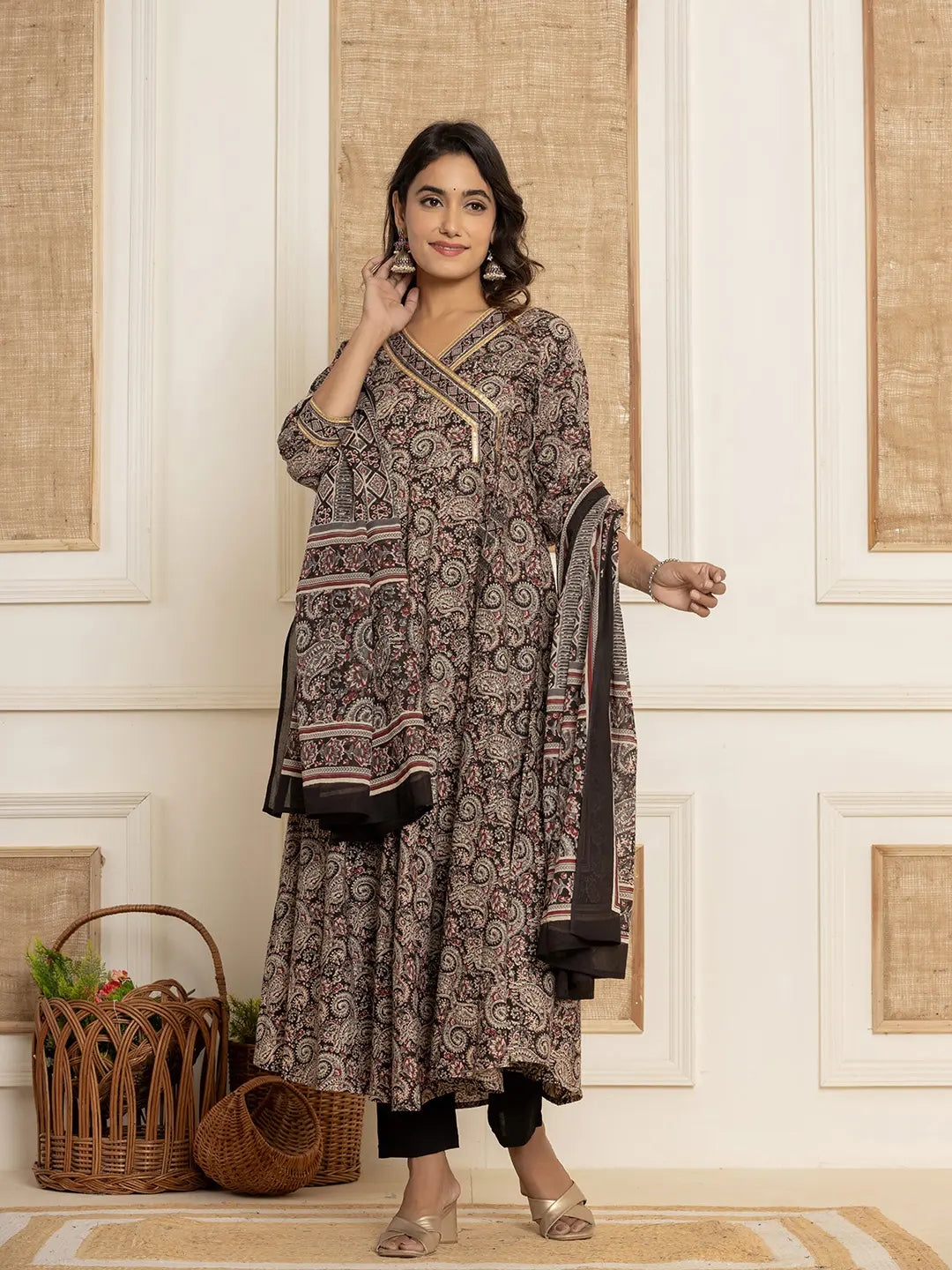 Women's Black Cotton Black Paisley Print Anarkali Style Kurta And Trousers With Dupatta Set by Yufta, suitable for wholesale buyers, boutiques, retailers, resellers and bulk fashion orders from Trendphoria