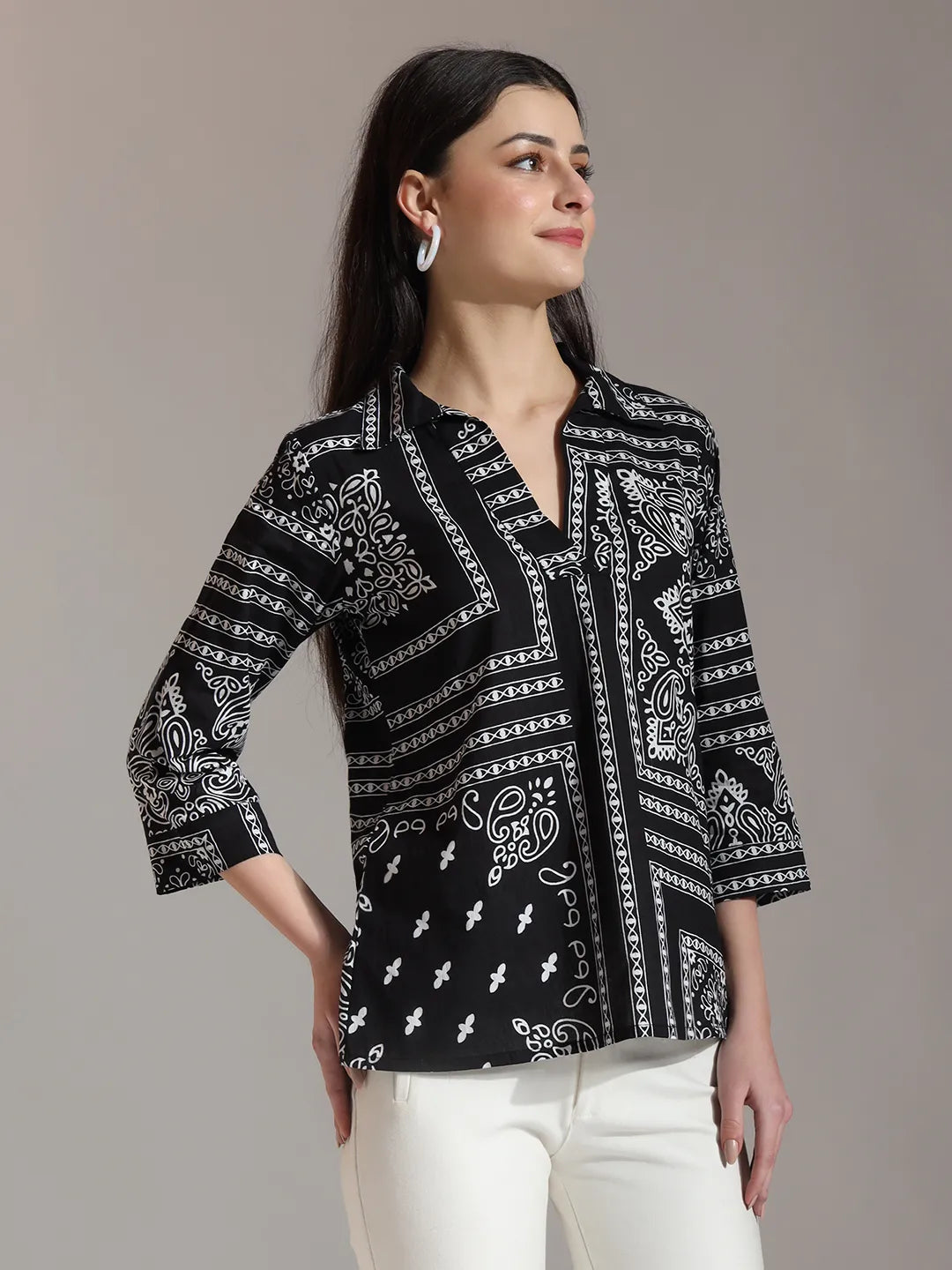 Black Pure Cotton Boho Printed Top