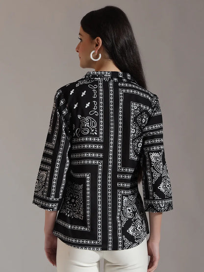 Black Pure Cotton Boho Printed Top