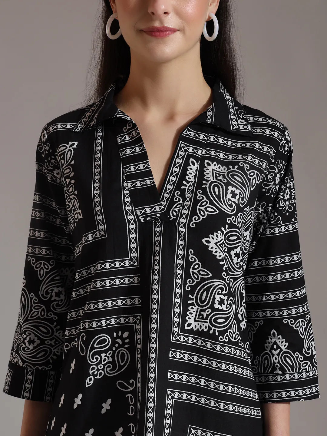 Black Pure Cotton Boho Printed Top