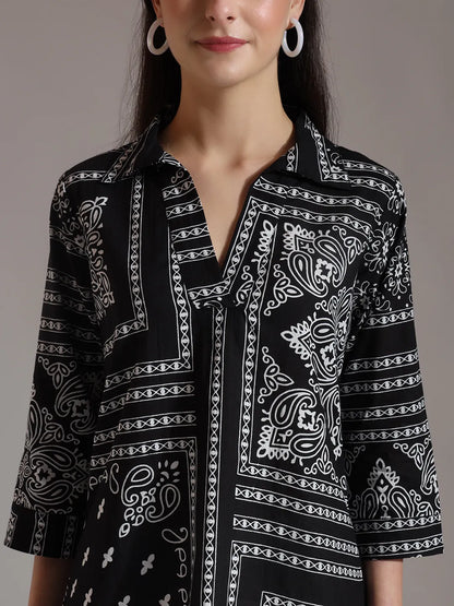 Black Pure Cotton Boho Printed Top